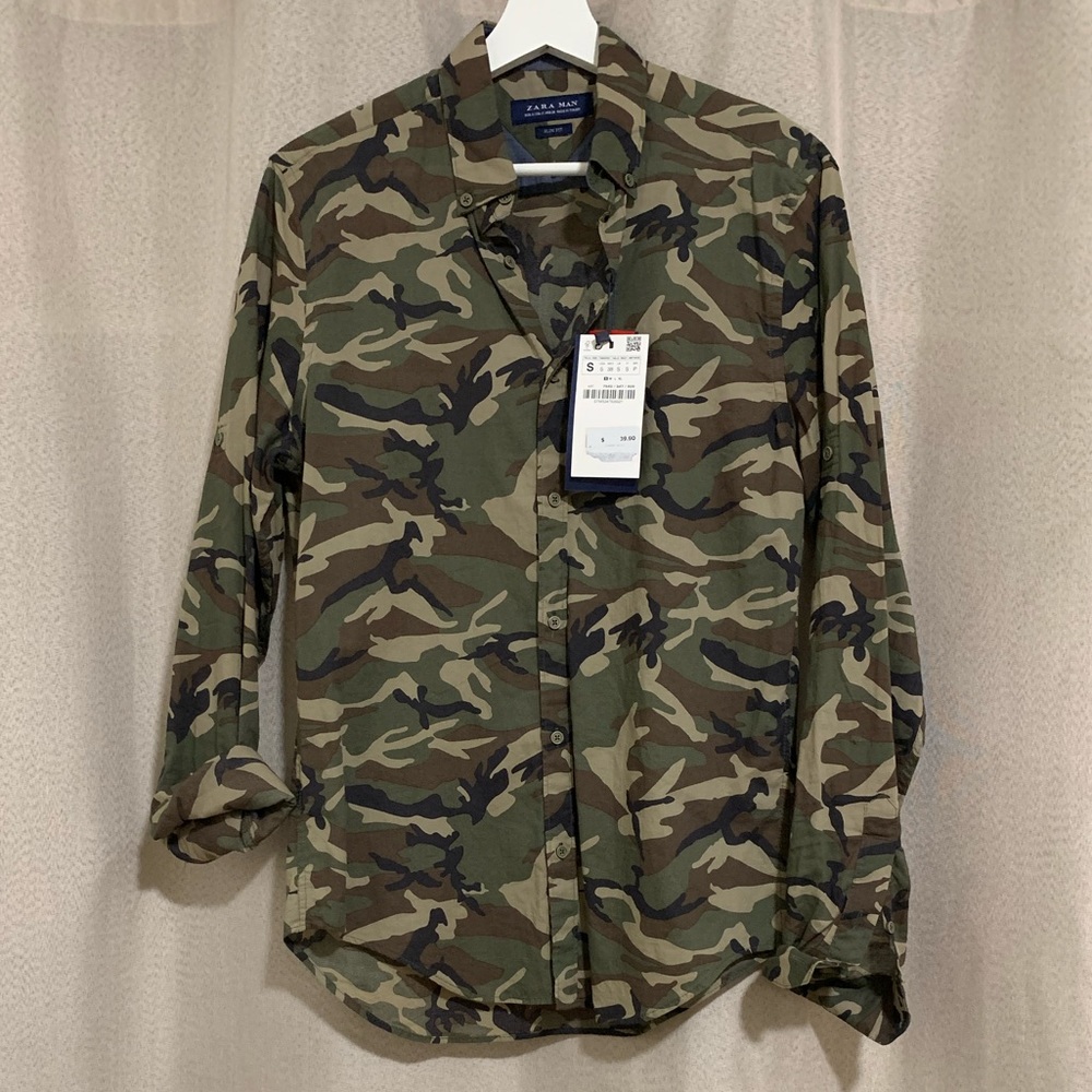 NWT! Camouflage Button Down Shirt by Zara Man, Size Small Slim Fit